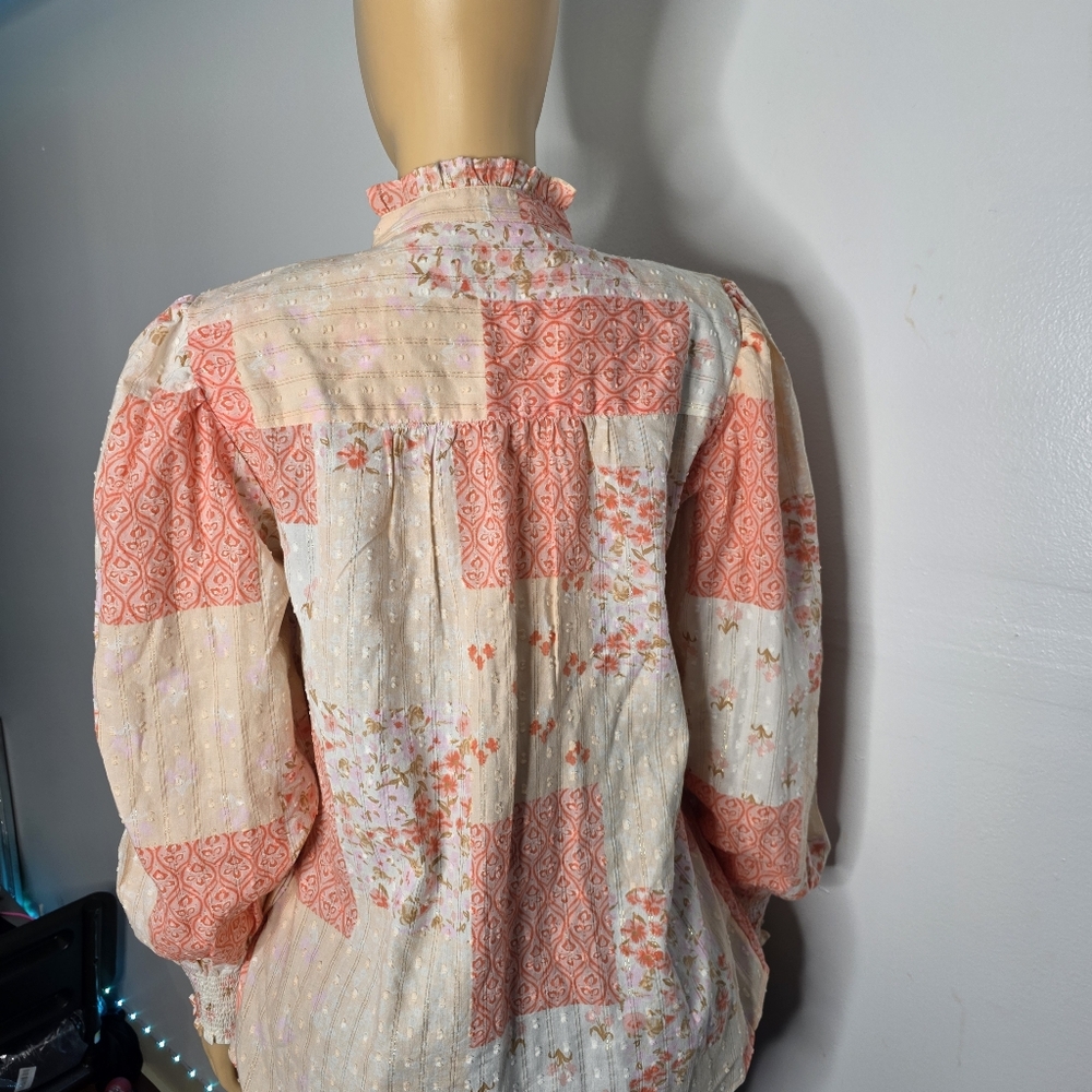 Style & Co. Patchwork Ruffle-Neck Blouse in Coral & Cream Size US/M - Picture 3 of 13
